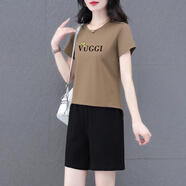 婉玫（wonnmey）短袖短褲套裝女夏季薄款2025新款中年婦女夏裝純棉休閑運動兩 淺咖(短袖+短褲) M (推薦80-95斤)
