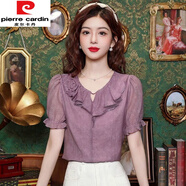 皮爾卡丹（pierre cardin）法式荷葉邊v領(lǐng)短袖雪紡衫女夏2025新款減齡洋氣修身顯瘦氣質(zhì)上衣 紫色今年流行的輕奢品牌 M 【建議80-105斤穿】