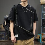 博羽尼（BOYUNI）2025新款潮牌設(shè)計(jì)感上衣短袖男寬松大碼韓版半袖夏季薄款純棉體恤 黑色 3XL 合適體重180-200斤