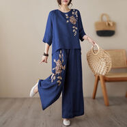 啄木鳥(niǎo)棉麻復(fù)古刺繡套裝女夏季套頭時(shí)尚襯衫輕薄闊腿褲顯瘦媽媽兩件套裝 藏青色 2XL 【125-140】