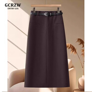 GCRZW輕奢氣質(zhì)半身裙女夏季2025新款開叉顯瘦a字西裝中長裙毛呢包臀裙 咖色-呢料 -后開叉 27/M建議100-110斤