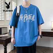 花花公子（PLAYBOY）純棉短袖T恤男夏季青少年酷帥薄款感潮牌冰絲七分袖夏季字母體恤 藍色 3XL