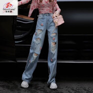 范哲狼（FANZELANG）小眾破洞減齡刺繡設計感直筒牛仔褲女夏季高腰顯瘦百搭寬松闊腿褲 破洞刺繡牛仔褲 M 95-110斤