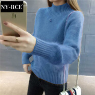 NY-RCE仿水貂絨毛衣女新款秋冬短款套頭加絨加厚針織衫寬松打底衫潮 不加絨-藍色-不掉毛 M