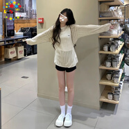 CS.LION韓系薄款長袖鏤空防曬針織衫女夏季慵懶風外搭小個子寬松罩衫上衣 米白色 S 70-95斤