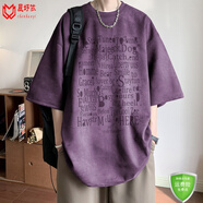 辰好依鹿皮絨短袖恤男款夏季美式高街潮牌字母印花寬松休閑半截袖體恤 紫色 3XL 建議150-175斤   可穿   建