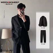 威登羊春秋季英倫風(fēng)男士寬松雙排扣小西裝外套韓版時(shí)尚商務(wù)正裝西服套裝 西服外套+黑西褲【兩件套 XL