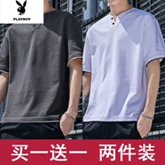 花花公子短袖T恤男韓版寬松潮流假兩件V領(lǐng)體恤男士夏季薄款 深灰色+白色【兩件裝】 3XL