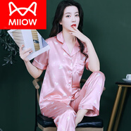 貓人（MiiOW）睡衣女夏季真冰絲綢短袖長褲薄款夏天女士甜美夏款家居服套裝 SC-短長夕嵐心心語 XL (120-135)斤