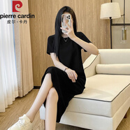 皮爾卡丹（pierre cardin）夏季短袖圓領(lǐng)T恤長(cháng)裙子直筒顯瘦寬松外穿打底赫本風(fēng)黑色連衣裙女 黑色T恤連衣長(cháng)裙 S 100斤內