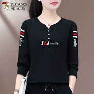 啄木鳥(niǎo)好棉長(cháng)袖t恤女款2025新款春秋季女式薄款寬松時(shí)尚上衣T 9072黑色 XL 建議110-125斤