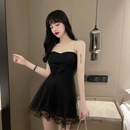 憶靜萱（YIJINGXUAN）夜店時尚主播衣服性感抹胸打底連衣裙蝴蝶結裹胸蓬蓬裙伴娘小禮服 黑色 M