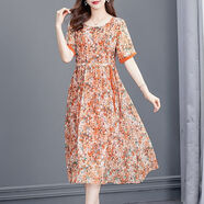 皮爾卡丹（pierre cardin）2025新款春秋女裝氣質(zhì)真絲夏季連衣裙子高端洋氣碎花漂亮高檔 橘色【輕奢專(zhuān)柜出口尾單】 L