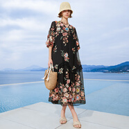 淘顏說(shuō) (TAOYANSHUO)連衣裙2025新款今年流行爆款桑蠶絲繡花真絲重工大碼中長(cháng)裙 黑色 M