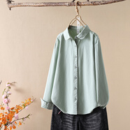 暖喬全棉長袖襯衣女春秋新款糖果色寬松文藝復(fù)古休閑純棉襯衣開衫外套 豆綠 XL （135-150斤）