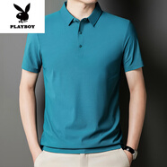 花花公子（PLAYBOY）夏季新款冰絲短袖T恤男翻領(lǐng)彈力涼感上衣透氣商務(wù)休閑體恤Polo.衫 孔雀藍 M (適合90-115斤左右)