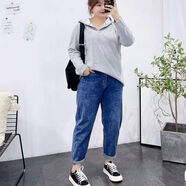 FHHUABD胖妹妹褲子寬松大碼老爹褲九分哈倫褲女胖mm牛仔褲子女顯瘦直筒褲 深藍(lán)哈倫九分褲 1036-9# 4XL 171--190斤