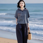夏典素訂女王（SE.PSTP）2025女裝新款時(shí)尚休閑格子下擺抽繩上衣松緊腰顯瘦蘿卜褲兩件套裝 格子上衣+藏青色褲子 L