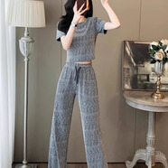 NPZ輕奢時(shí)尚洋氣運動(dòng)套裝女夏季露腰T恤上衣闊腿褲休閑高級感兩件套 灰色套裝 S