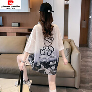 皮爾卡丹冰絲薄款短袖t恤女夏季韓版寬松大尺碼女裝中長(cháng)款漸變色扎染上衣 灰色 M (適合80-110斤)