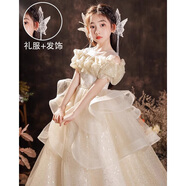 漢佺兒童禮服裙輕奢小眾高端女童主持人生日公主裙花童女孩鋼琴演出服 套裝【禮服+精靈發(fā)飾】 140 適合體重60-65斤
