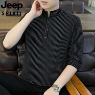 JEEP SPIRIT吉普品牌2025棉麻七分袖t恤男夏季條紋短袖立領(lǐng)五分袖純色百搭潮 7899黑色 L 105-120斤