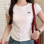 嫻柔不規(guī)則正肩短袖t恤女夏設(shè)計(jì)感弧形下擺抽褶辣妹緊身短款女裝上衣 白色-【蝴蝶刺繡】 卡碼拍大 XL 【110-120斤】