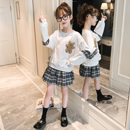 Baldauren女童春秋裝套裝jk裙3-14歲女孩加絨加厚新款中大童衛(wèi)衣百褶裙韓版 白色衛(wèi)衣裙子套裝+小熊 春秋薄款 130 建議身高120左右 （40-50斤）