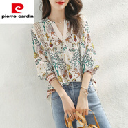 皮爾卡丹（pierre cardin）歐洲站2025春夏新款V領(lǐng)印花雪紡襯衫女寬松鏤空百搭上衣洋氣小衫2 圖片色 S