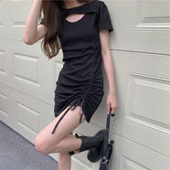 FHHUABD抽繩鏤空修身顯瘦連衣裙夏季韓版學(xué)生小個(gè)子短裙甜辣風(fēng)小心機(jī)裙女 黑色 S  建議：70-90斤