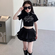 HUALIN FASHION甜酷女孩短袖T恤半身裙兩件套夏季修身Cake風(fēng)格 黑色倆件套 均碼 110