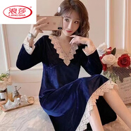 浪莎鉆石絲絨睡衣女秋冬季長(cháng)袖家居服套裝甜美法式2025娃娃領(lǐng) 睡裙深藍 M 80-100斤