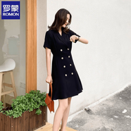 羅蒙西裝連衣裙女春夏新款氣質(zhì)法式職業(yè)夏季設計感收雙排修身甜美裙子 暗夜黑 2XL 【131-145斤】
