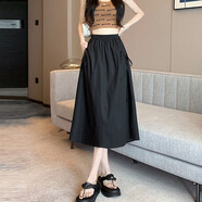 伊琦蕾（YIQILEI）美式口袋工裝半身裙女夏季小個子中長款松緊高腰抽繩a字大擺傘裙 黑色 S 建議【80-95斤】