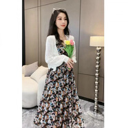 FHHUABD【5707人收藏】大碼胖m寬松V領(lǐng)吊帶碎花連衣裙女士夏季新款鏤空調(diào) 長款連衣裙+空調(diào)衫 (2件套) M (80-110斤)
