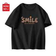 名創(chuàng)優(yōu)品（MINISO）純棉t恤男夏季2025新款衣服青少年親膚透氣時尚寬松大碼冰感短袖 【100%純棉】黑色(木紋字體) S 165 (男女同款)