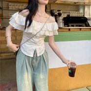 緋垚法式一字肩荷葉邊杏色襯衫女2025夏新款減齡洋氣顯瘦露肩上衣 杏色 均碼 【建議100內(nèi)穿】