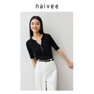 納薇（naivee）商場同款25夏新款亨利領(lǐng)微收腰合身針織T恤知性顯瘦 黑色 黑色 S