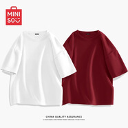 名創(chuàng)優(yōu)品（MINISO）2件裝短袖t恤男夏季純白色重磅純棉寬松半袖男生百搭休閑大碼體恤 【2件裝】白色+酒紅 S 165 (男女同款)