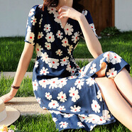 COLORFUL GEMS夏季法式雪紡碎花連衣裙輕奢日系女裝 藏青色 S