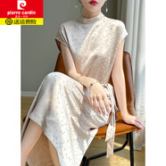 皮爾卡丹（pierre cardin）夏季半高領波點真絲連衣裙女重磅桑蠶絲綢面氣質(zhì)長款腰帶裙子針織 香檳色 M