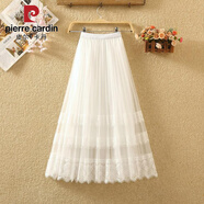 皮爾卡丹蕾絲網(wǎng)紗百褶半身裙女春夏中長(cháng)款A字大擺紗裙蛋糕裙長(cháng)裙仙女裙子 白色 均碼
