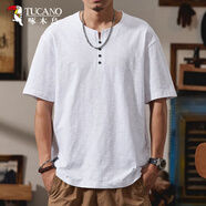 啄木鳥(niǎo)（TUCANO）日系復古亨利領(lǐng)竹節棉冰感短袖t恤男夏季寬松大碼半袖百搭體恤 白色 XL 【適合145-160斤】