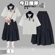 景怡依女大童13女孩初中學(xué)生套裝裙子15夏裝連衣裙12-20歲女孩初高中生  黑色 (短袖T恤+半身裙) M