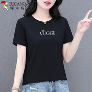 啄木鳥（TUCANO）棉女士短袖t恤女夏季2025新款中年夏裝寬松顯瘦圓領(lǐng)體恤上衣T恤女 2308黑色 XL (110-125斤)