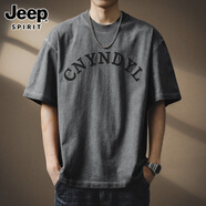 JEEP SPIRIT吉普高質(zhì)感水洗重磅臟臟T恤男夏季美式寬松休閑半袖上衣體恤男 臟灰 L 適合130-150斤