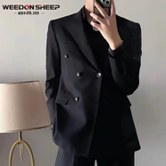 威登羊春秋季英倫風男士寬松雙排扣小西裝外套韓版時尚商務(wù)正裝西服套裝 黑色西服外套【單件 2XL