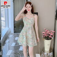 皮爾卡丹（pierre cardin）2025夏季新款吊帶連衣裙高腰碎花甜美a字裙小清新短裙子炸街網(wǎng)紅 綠色短款 S 【建議80-90斤穿】