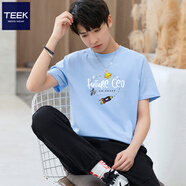 TEEK新款短袖t恤男裝上衣服 2025夏季圓領潮款印花男士重磅純棉體恤衫 【合體版型】HSC3天藍色 2XL