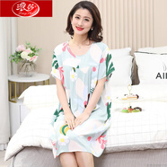 浪莎中老年媽媽睡裙女夏純棉睡衣家居服韓版薄款綿綢可外穿大碼連衣裙 LM短袖裙冰爽花朵藍色 均碼 加肥加大版